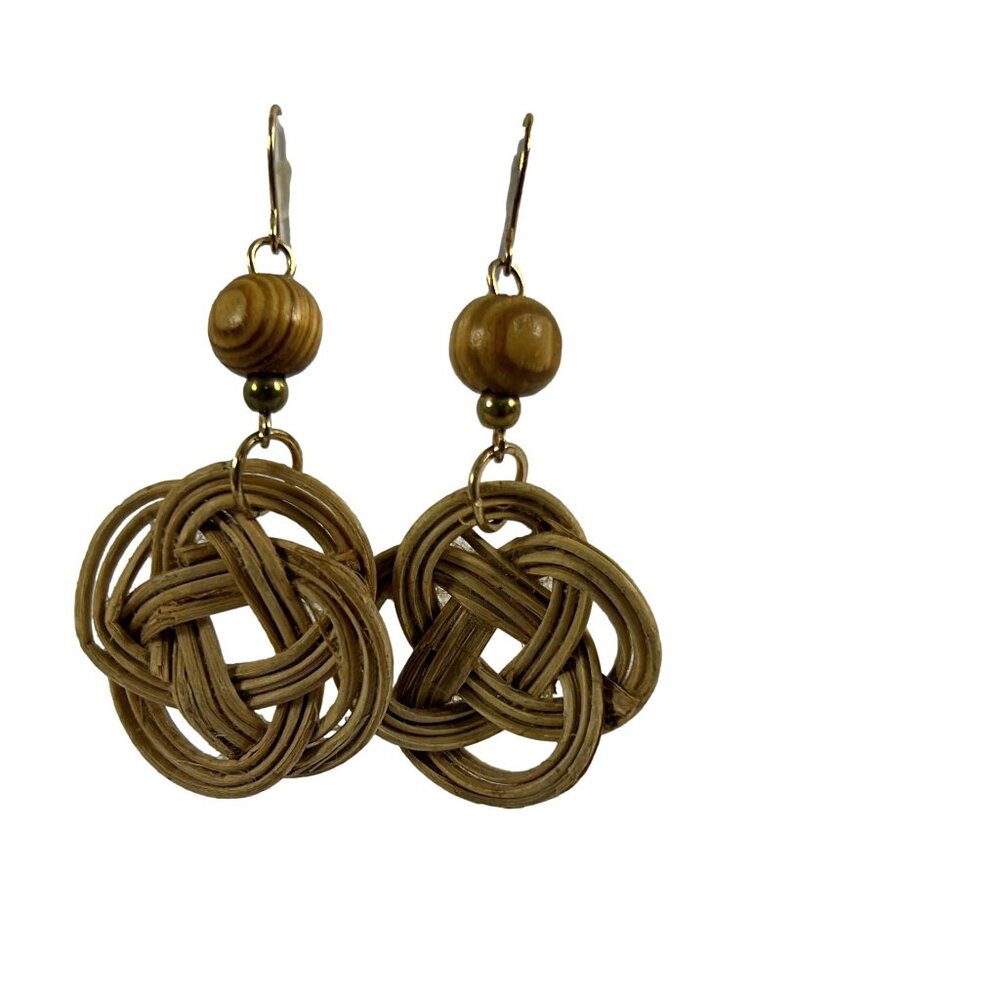 Knotted Rattan Dangle Earrings Brown Wood Bead Hooks Lightweight 2.5" Gold Tone